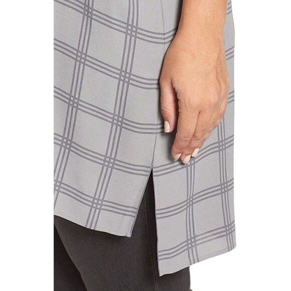 Eileen Fisher Plaid Printed Silk Georgette Crepe Tunic Size Small Window Pane Gr - Picture 9 of 9